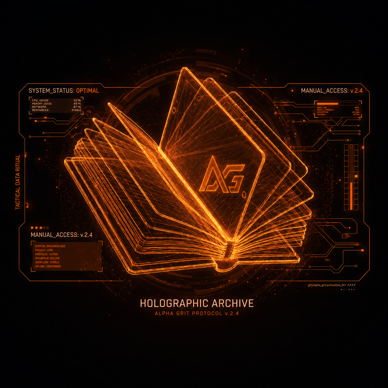 Holographic archive — protocol book rendered in orange wireframe with tactical HUD