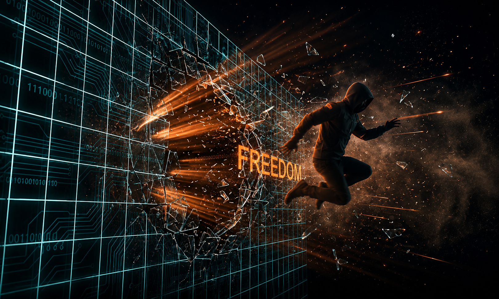 Hooded figure breaking through a shattered digital wall toward freedom